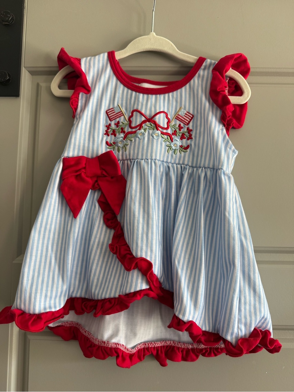 Simply Scarlett Blue & Red Striped Ruffle matching short set with Bow Accent